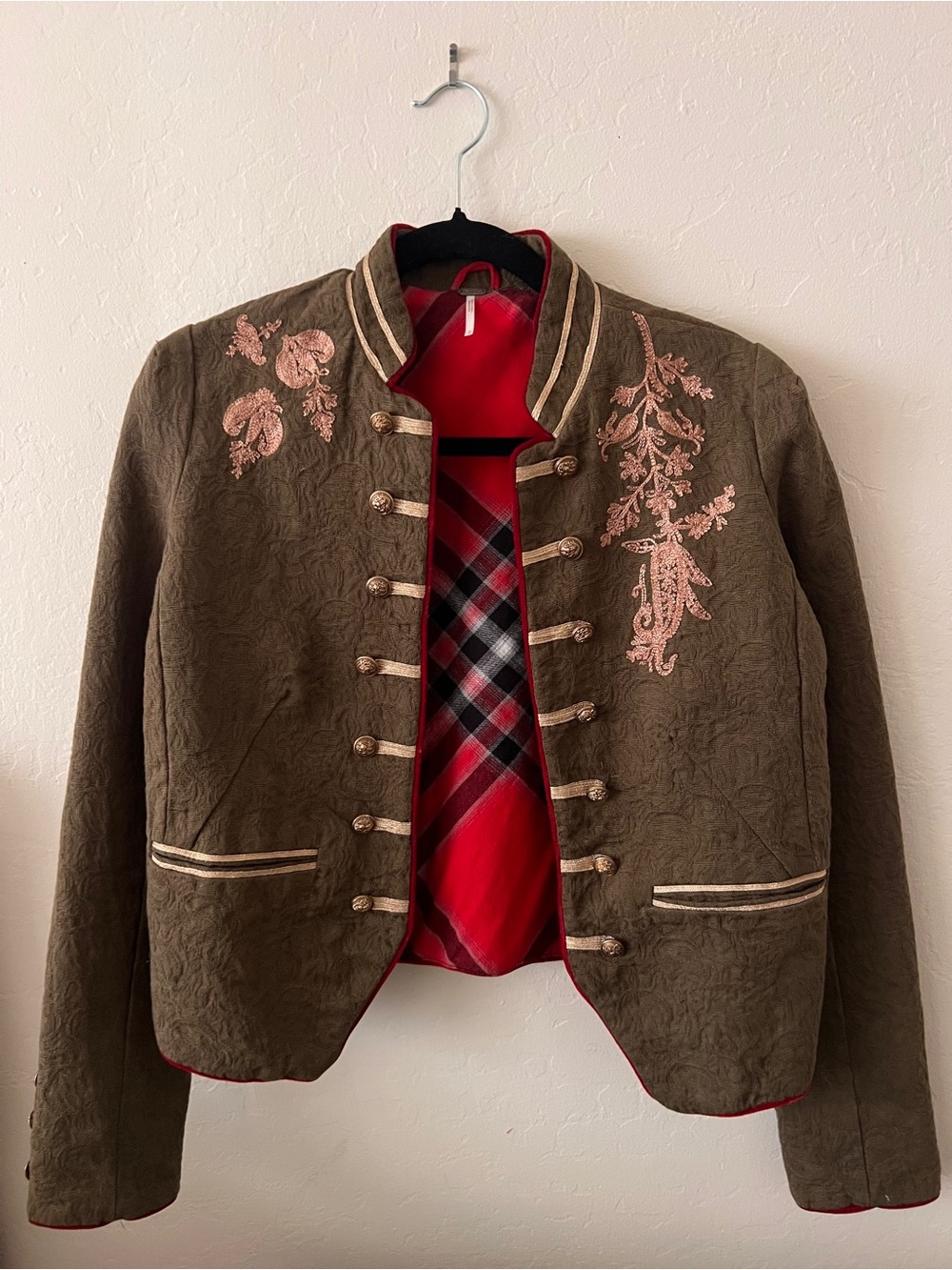 Free People Olive Embroidered Military-Style Bomber Jacket with Red Plaid Lining
